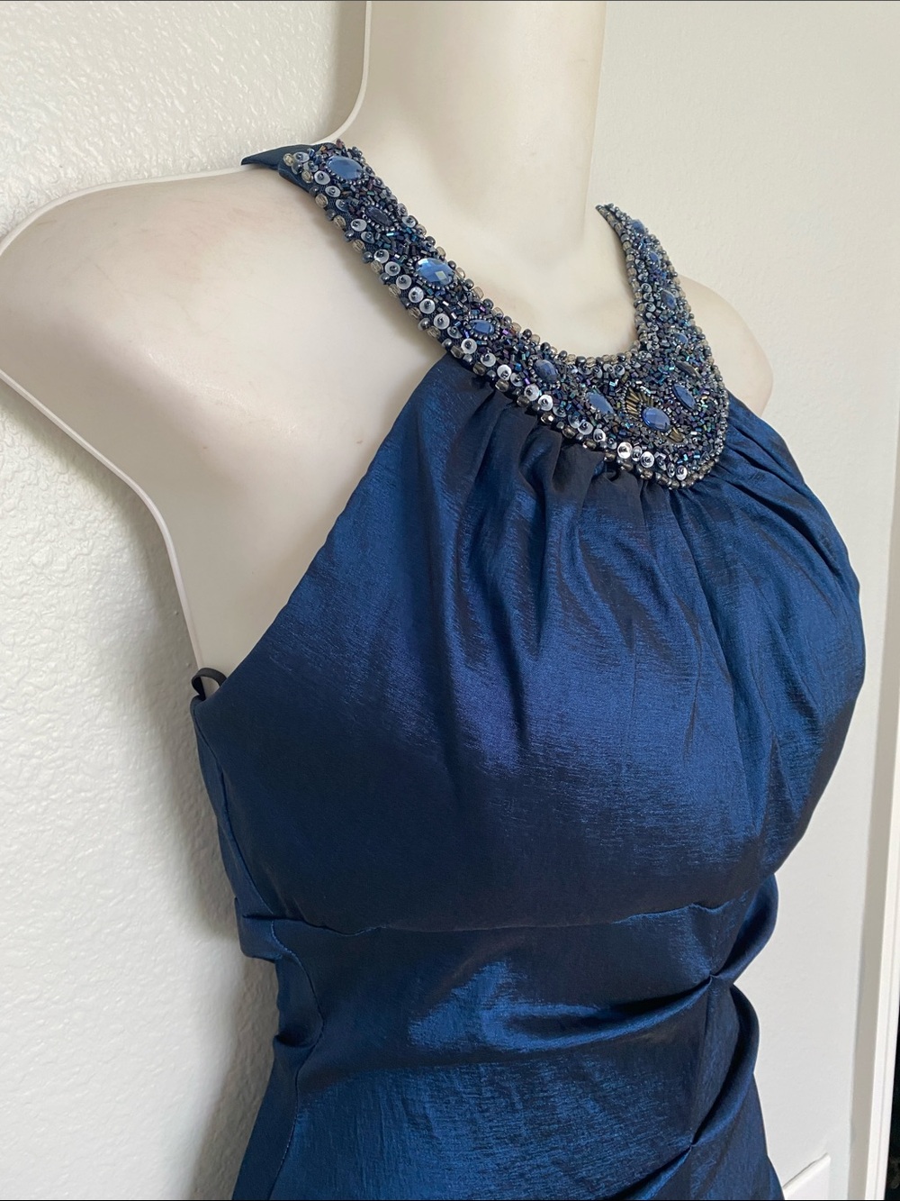 Xscape Elegant Beaded Halter Mermaid Hem Evening Full Length Gown in Deep Blue - Picture 3 of 12
